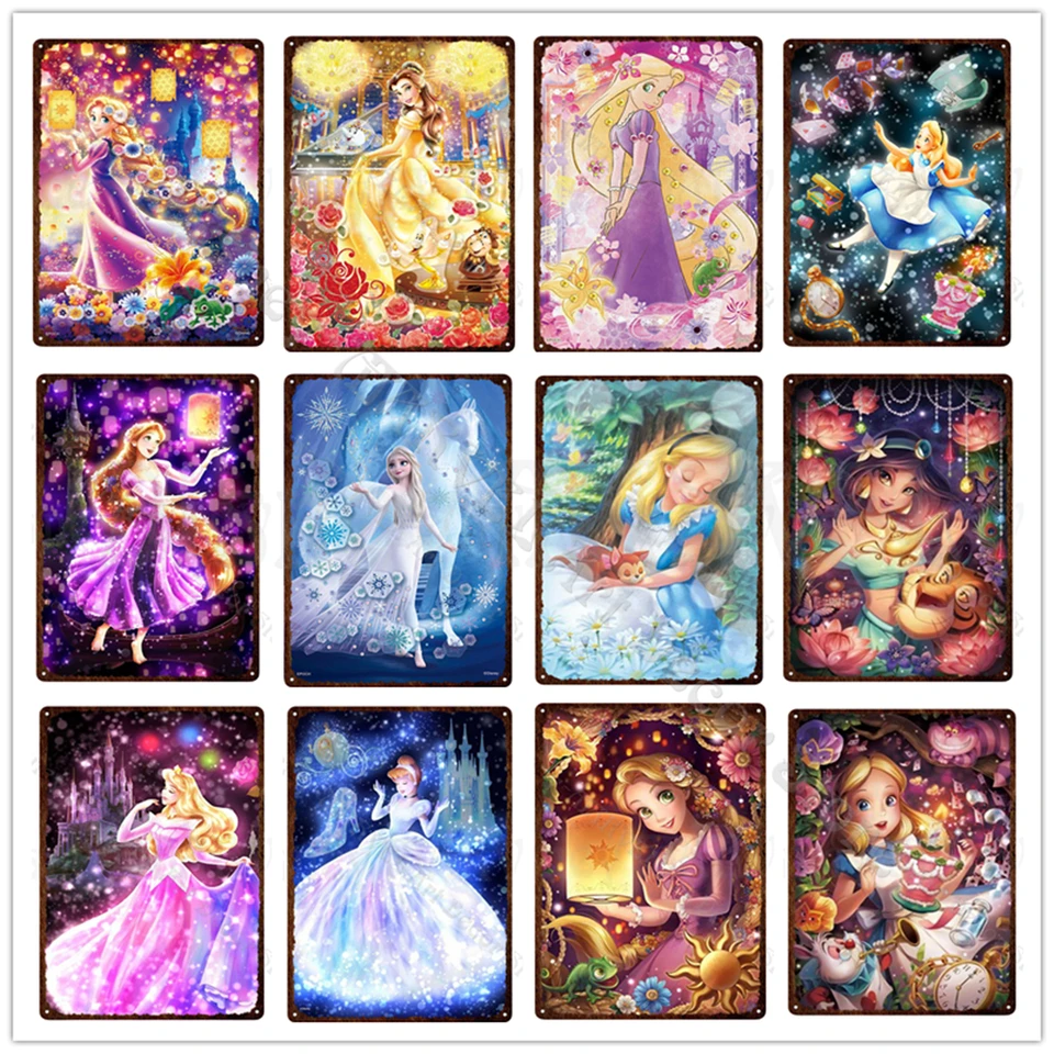 Disney Tin Sign Kov kovová značka Disney princezná Popoluška Belle Tin Plaque kovová stena Nálepka na stenu Vinobranie plechovku pre detskú izbu dekor