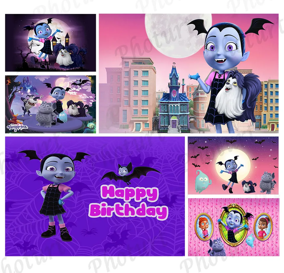 Disney Vampirina pozadie dievčatko narodeniny dekorácia pozadie Purpurová spln Mesiaca Doll Doll Vinyl Polyester Photography Decor RePs