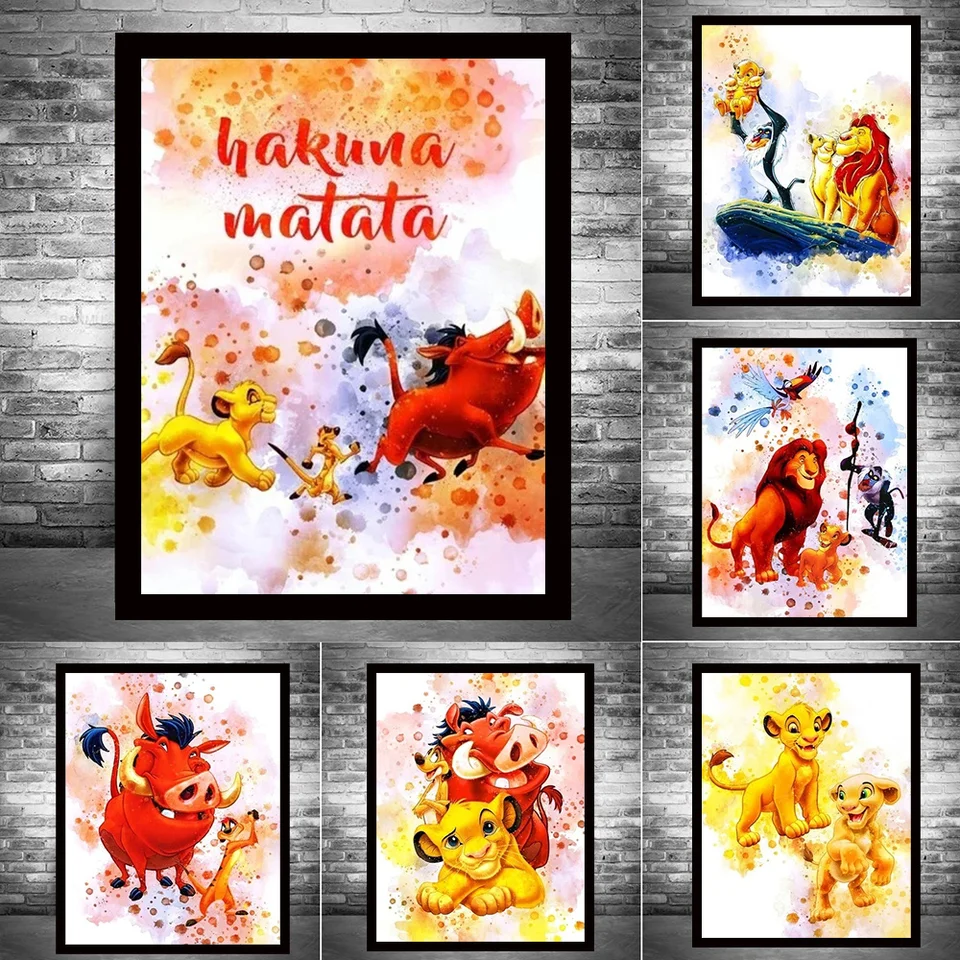 Disney Watercolor Lion King Canvas Painting Karikatúra figuľa akvarelových plagátov výtlačky nástenné umenie Obrázok pre deti