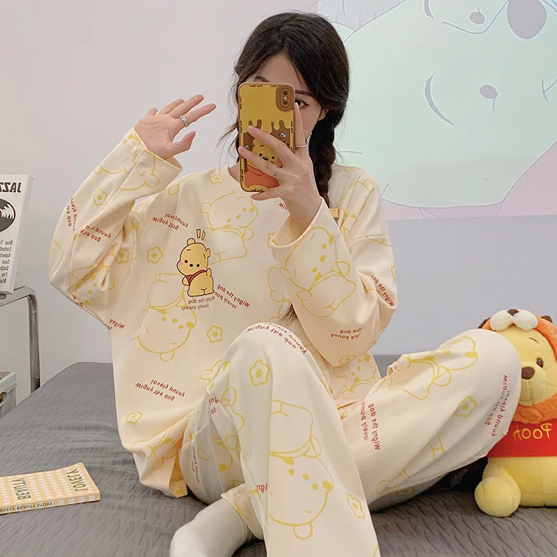 Disney Winnie the Pooh Spring a jeseň Nové pyžamy Dámska posádka Krk Cute Trojoký chlapec s dlhým rukávom, ležérne domáce oblečenie