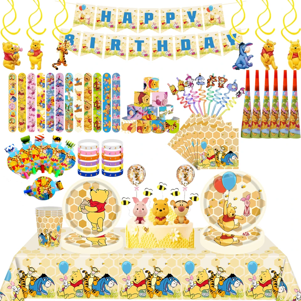 Disney Winnie the Pú narodeninové oslavy dekorácie Doplnkový set set s darčekovými taškami na náramok slamky papierové taniere pre bábätká