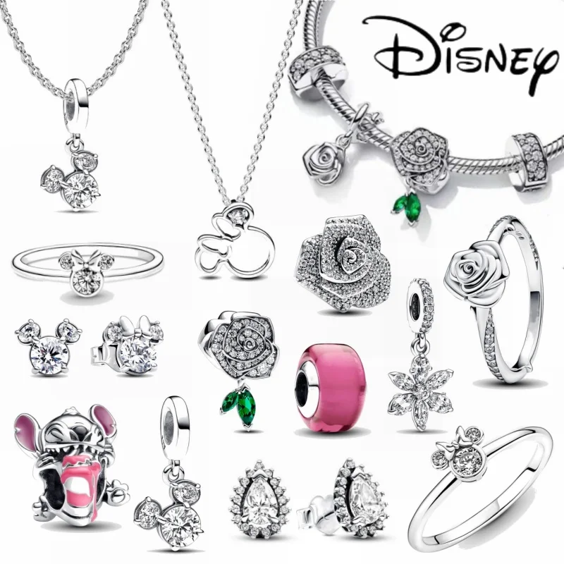 Disneyho nový šumivý kvitnúca ružová korálka, prívesok na náušnice Mickey Mouse Stud, vhodný pre náramky pre ženy pre ženy, darčeky, 2024