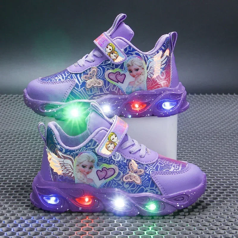 Disney's Nové LED svetlo dievčenské topánky Frozen Spring a jesenné pletivo priedušné detské športové topánky Všetky zápasy Elsa Princess Shoe