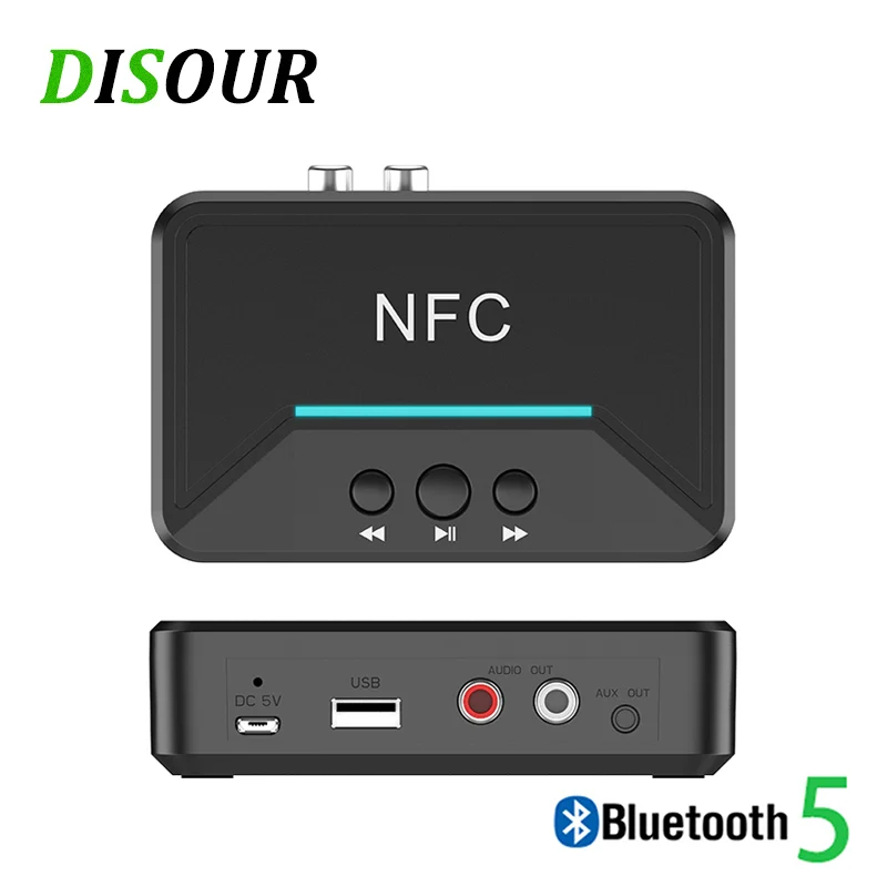 Disour 5.0 Bluetooth Prijímač Smart NFC A2DP RCA AUX 3,5 mm Jack Wireless Adapter Suppotr USB Play pre slúchadlá pre domáce reproduktory