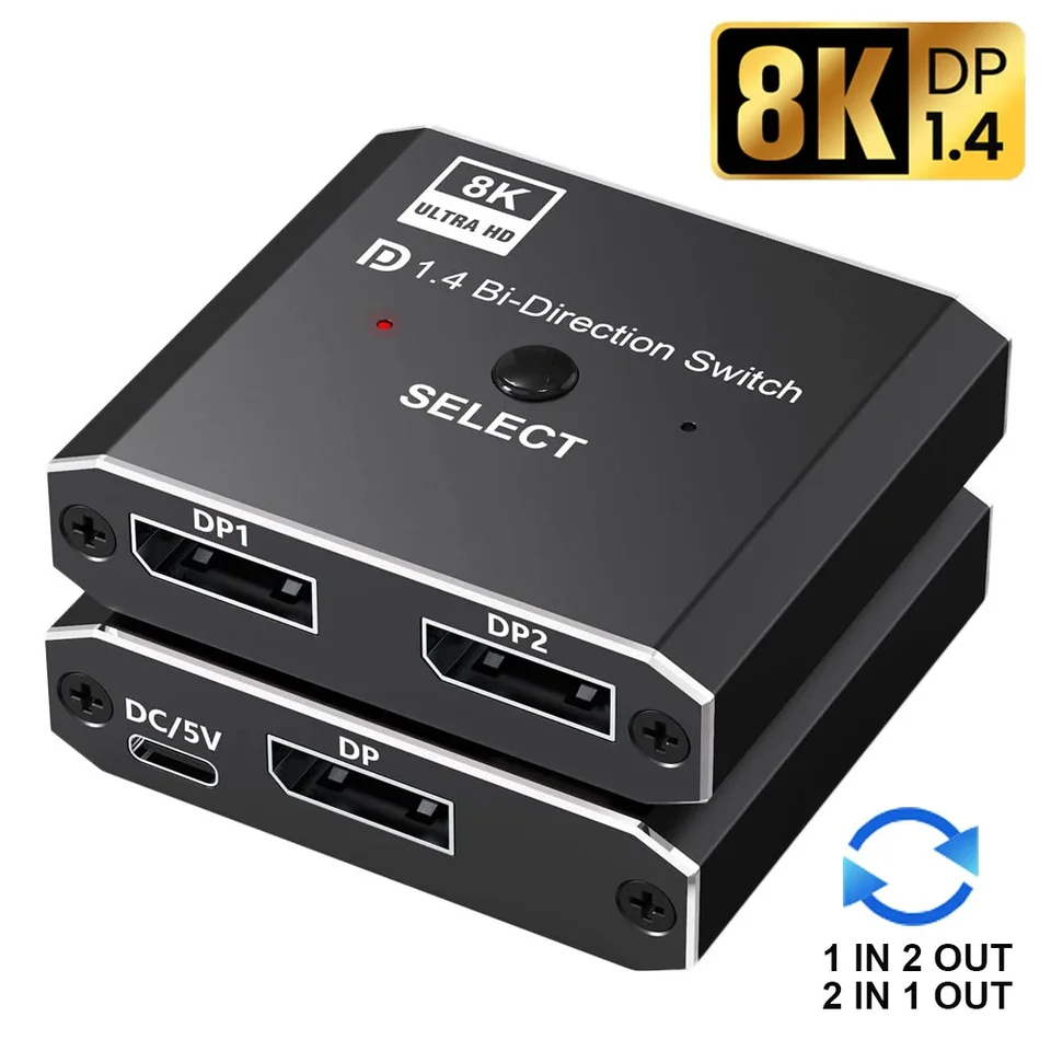 DisplayPort 1.4 Switch 8K DisplayPort Bi-Rirect Splitter Switcher Displayport KVM 2x1 1x2 Display-port 8k@30Hz, 4K@120 Hz