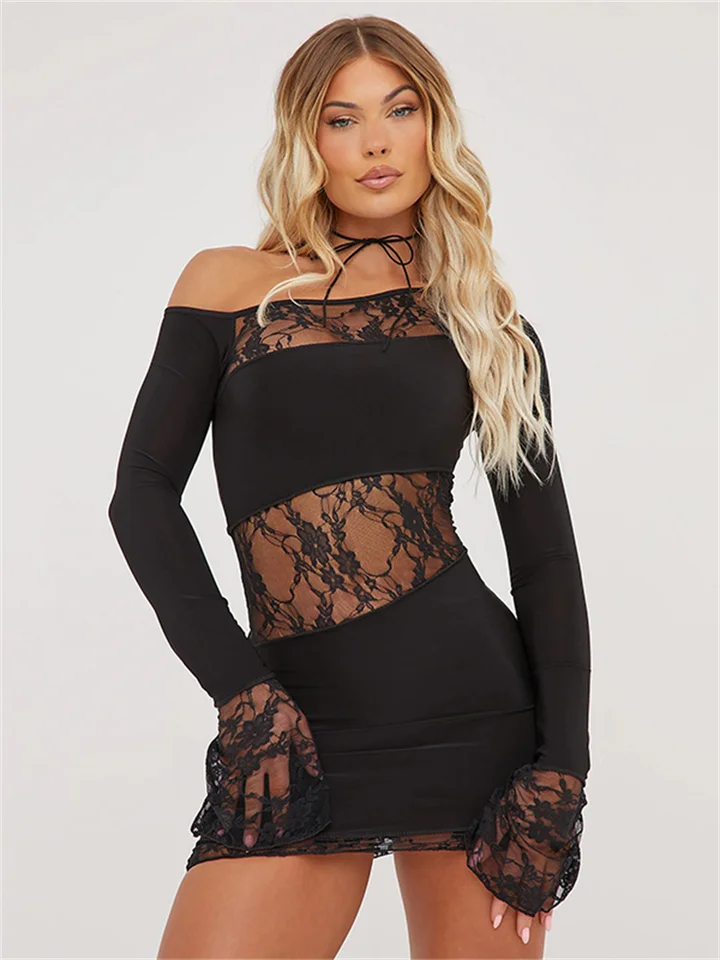 Divné šaty s mležou šaty Ženy NEPLAVNÉ DIAGONÁLNE GOOLD GLED Rukáv Jeseň Midnight Stretch Stretch Mini Bodycon