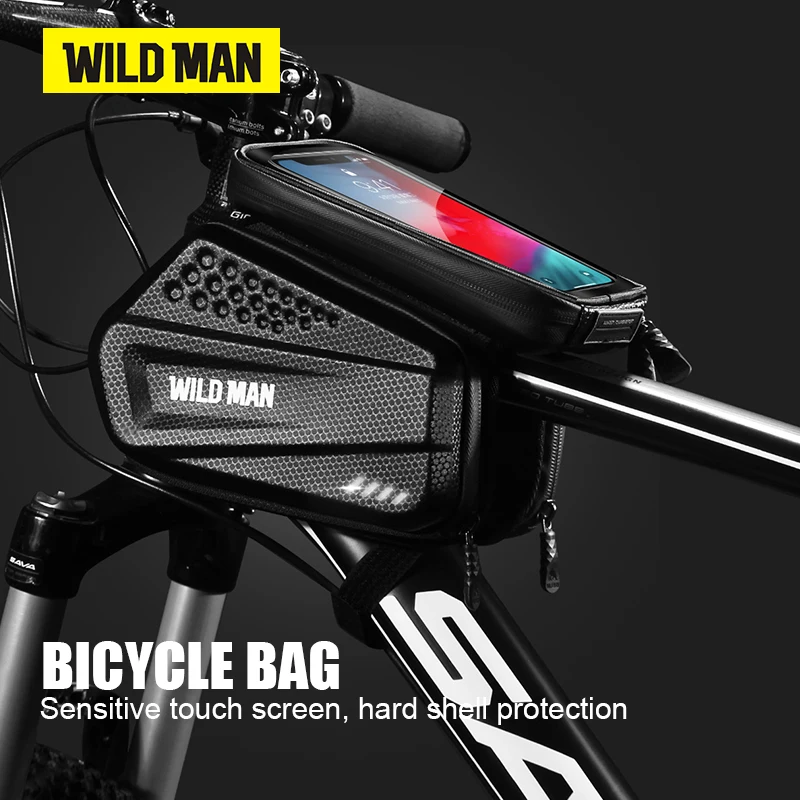 Divoký muž ES6 Bicykel vrecko Rainproof Eva Tvrdý škrupina uhlíková PU predná horná trubica cyklistická taška dotyková obrazovka MTB Road Bike Accessories
