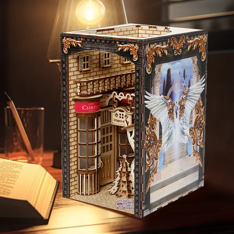 DIY Book Nook Kit 3D Drevená skladacia knižnica Vložka dekor s LED svetlom DIY Miniatúrna bábika Model Model Kit pre deti vianočný darček