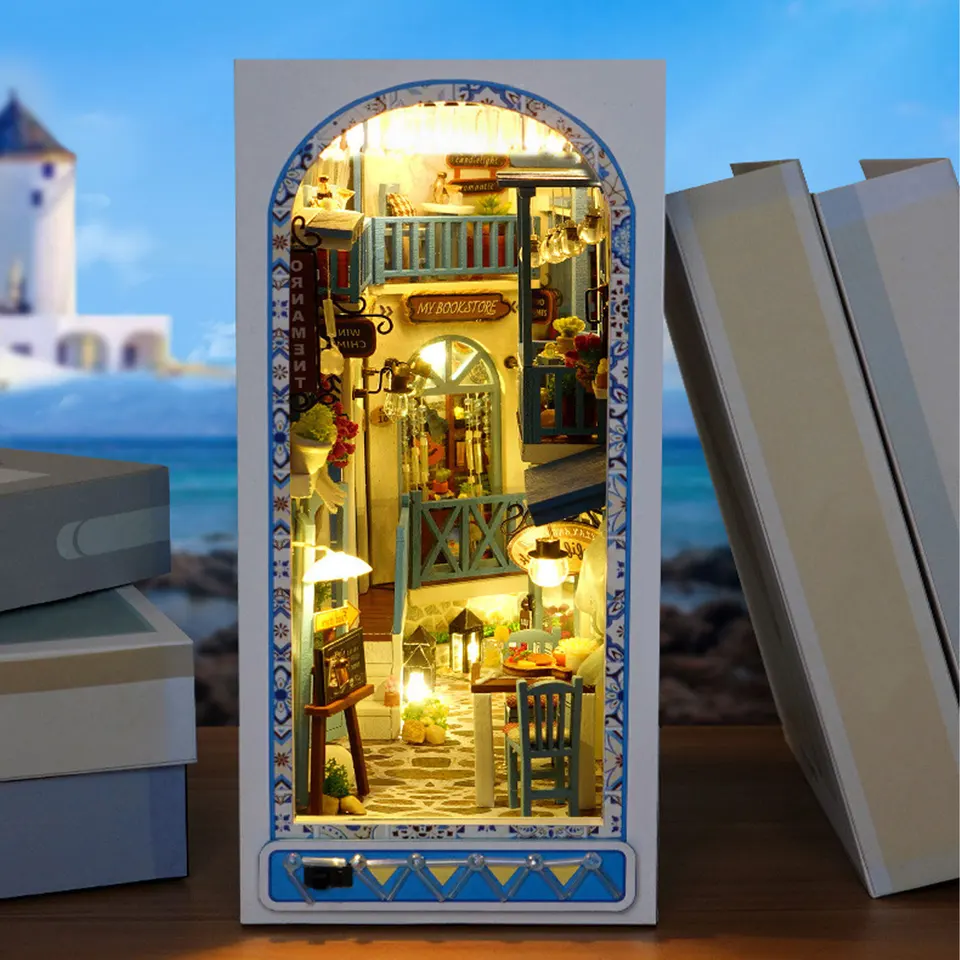 DIY Book Nook Kit 3D Drevená skladacia knižnica Vložka dekorácie s teplým svetlom DIY Miniatúrne Dollouh Model Model pre deti dospelých