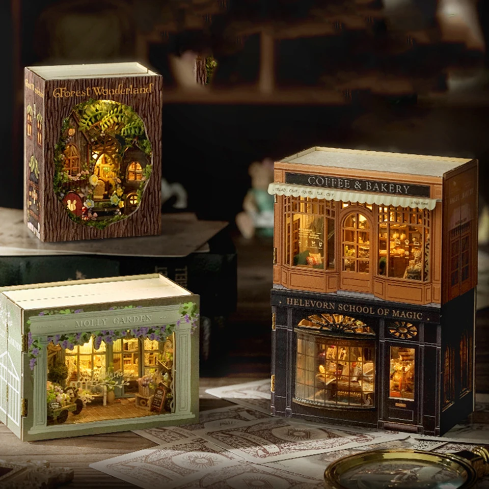 DIY Book Nook Kit 3d Miniature Dollouse Drevená skladacia knižnica vložka dekorácie Model Bookend Building Direction Darčeky