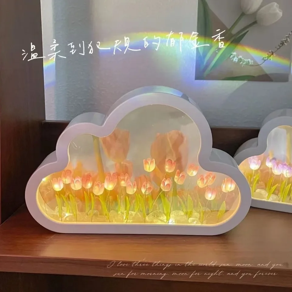 DIY Cloud Tulip LED nočné svetlo Dievčatá Spálne ozdoby Kreatívne fotorámiky zrkadlové stolové lampy nočné ručne vyrábané narodeninové darčeky