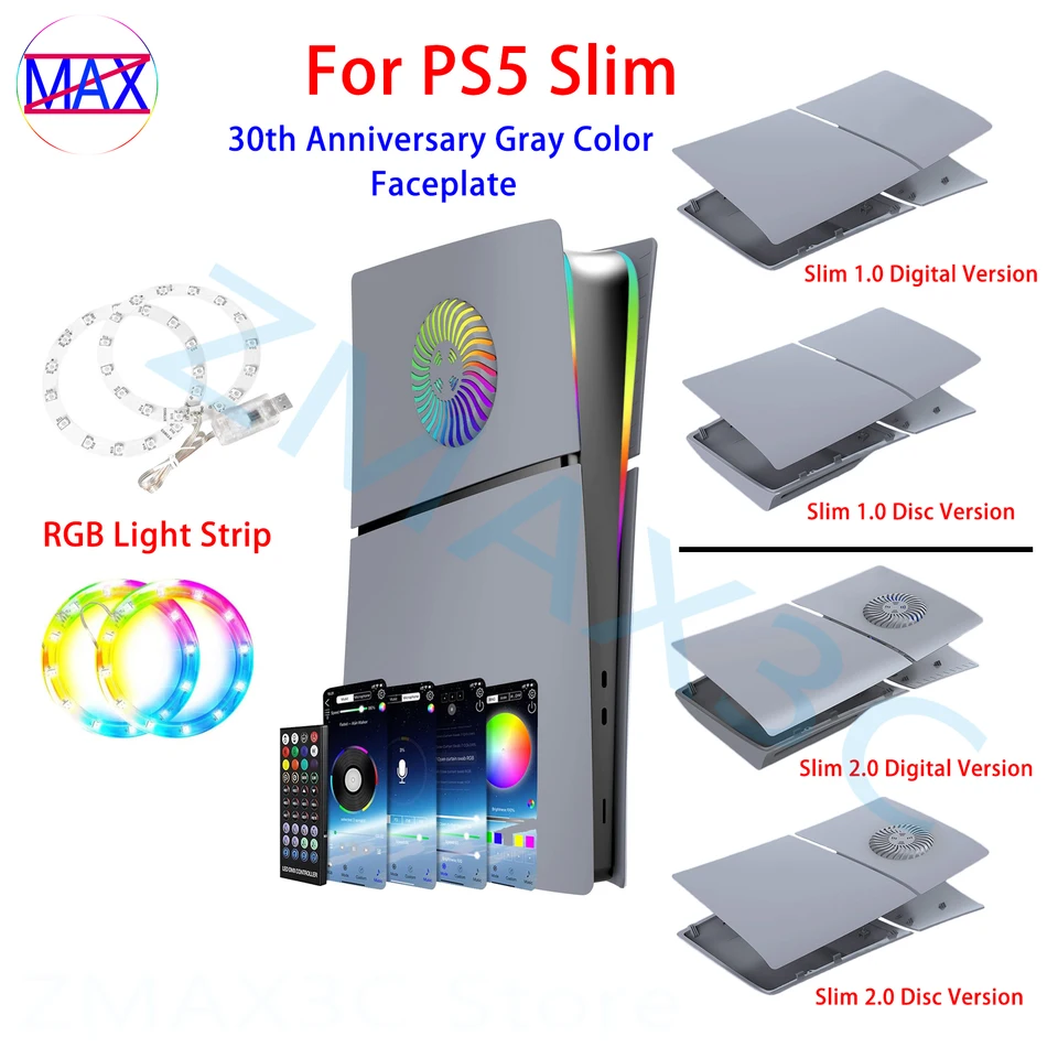 DIY dekorácia čelná doska pre PS5 Slim Console 30. výročie šedých bočných panelov náhradné chladiace ventilátor RGB Svetelný pásik