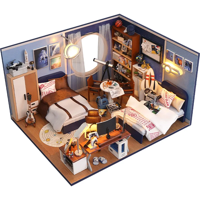 DIY Drevená spálňa Casa Houses Domes Miniatúrne stavebné súpravy s nábytkom LED svetlá Hračky pre bábiky pre dievčatá darček k narodeninám