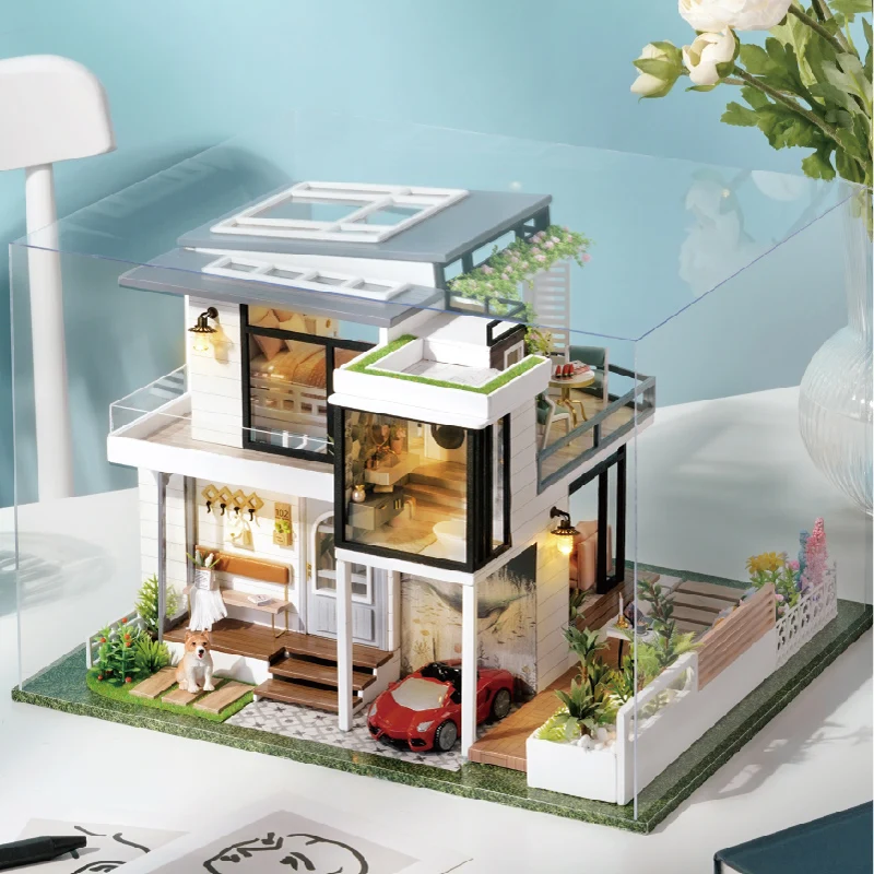 DIY Drevené bábiky Domy Miniatúrne stavebné súpravy s nábytkom Light Európska vila Zhromaždená Dollhouse Casa pre dievčatá darčeky