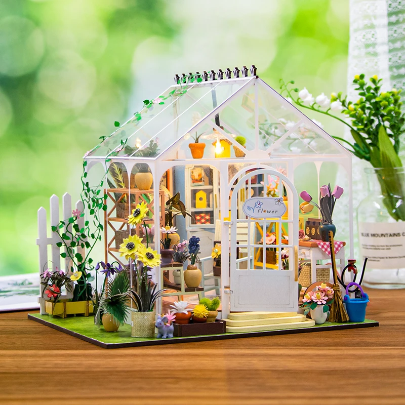 DIY Drevené bábiky domy Sunshine Flower Garden Casa Miniature Model Kit Villa Dollouse s nábytkom LED svetlo pre priateľov darček