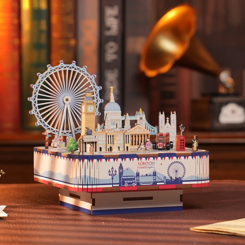 DIY Drevené modelové súpravy Modely London Street View Music Box sa môže pohybovať so svetlami Big Ben 3D hádanky pre dospelých darček k narodeninám