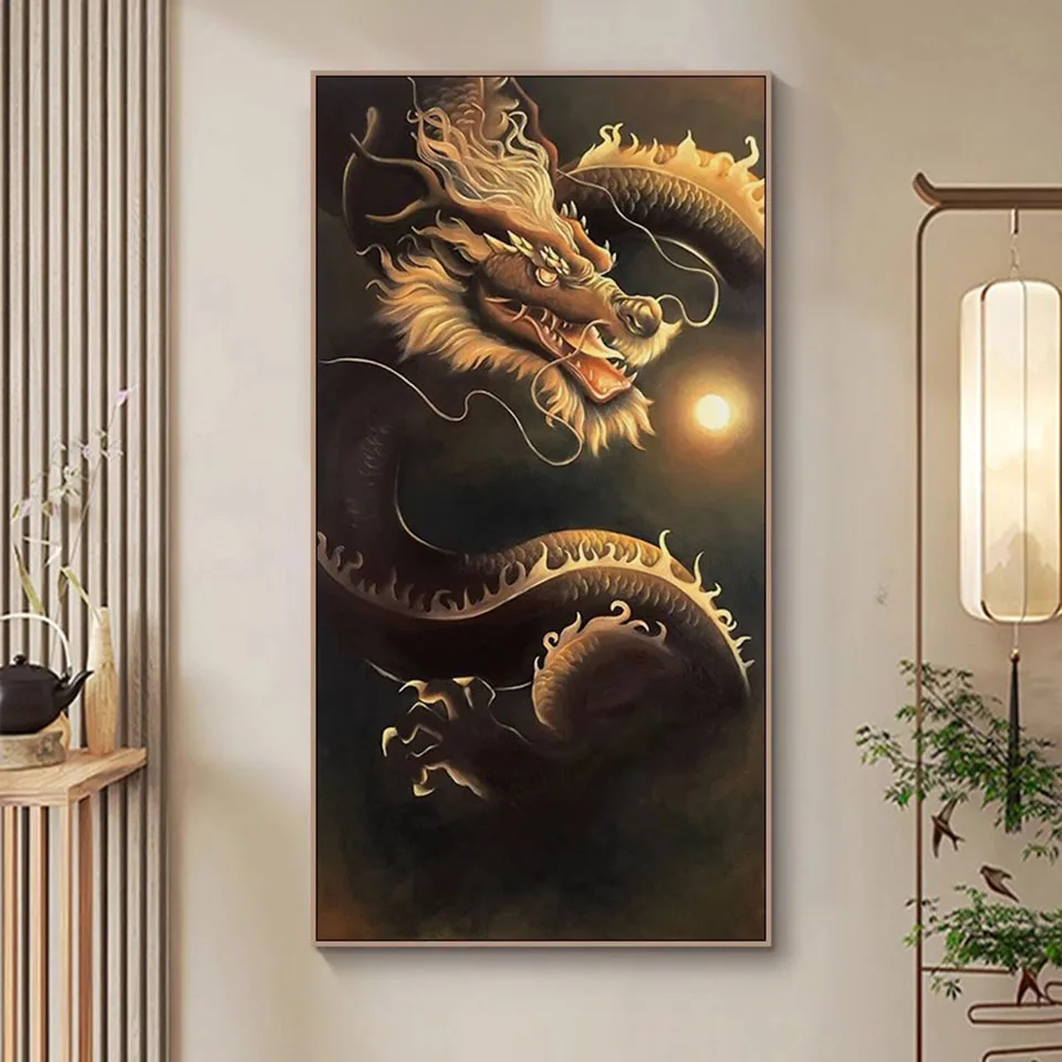 DIY ENSTRANCE Dvanásť zverokruhových diamantov maľba Obývacia izba Nová veľká veľkosť Čínsky štýl Zlatý priaznivý drak diamantov