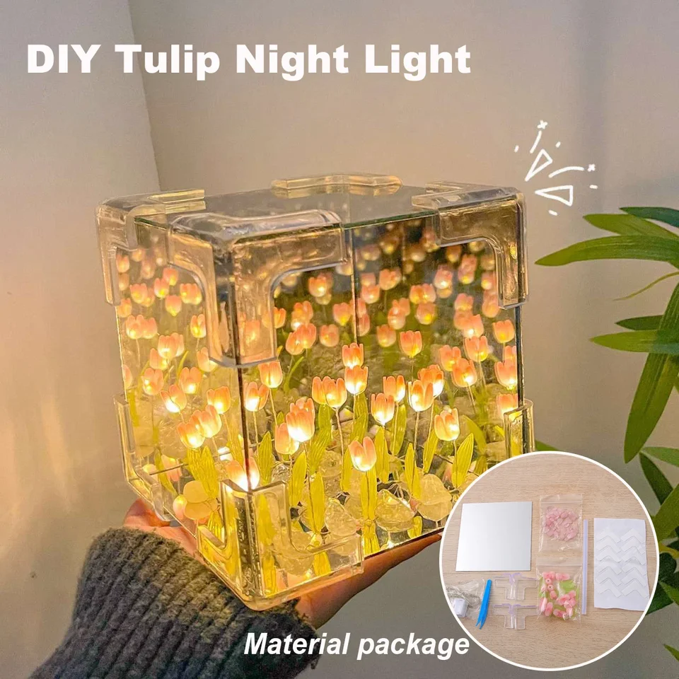 DIY Flower Sea 3D Cloud Tulip LED nočné svetlo zrkadlové stolové lampy Spálňa Ozdoby Dekorácie zrkadlové stolové lampy nočné darček