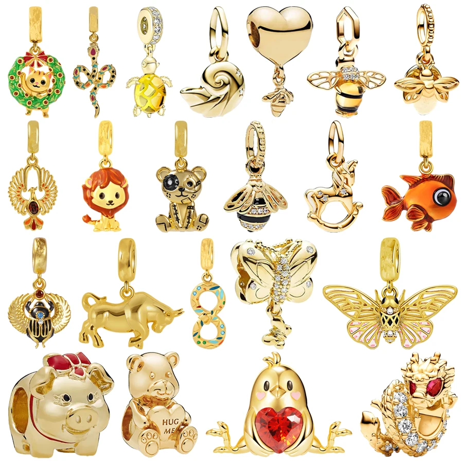 DIY Gold Animal 、 Bee 、 Butterfly 、 Phoenix 、 Ryby 、 Cattle 、 Lion Dangle Parola Plátky Fit Original 925 Strieborný náramok módny darček