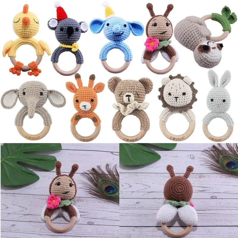 DIY háčkovanie karikatúry lev bunny hrkálka detský drevený prsteň Teether s zvončekom novorodenca zubná ošetrovateľská hračka Montessori detské hračky
