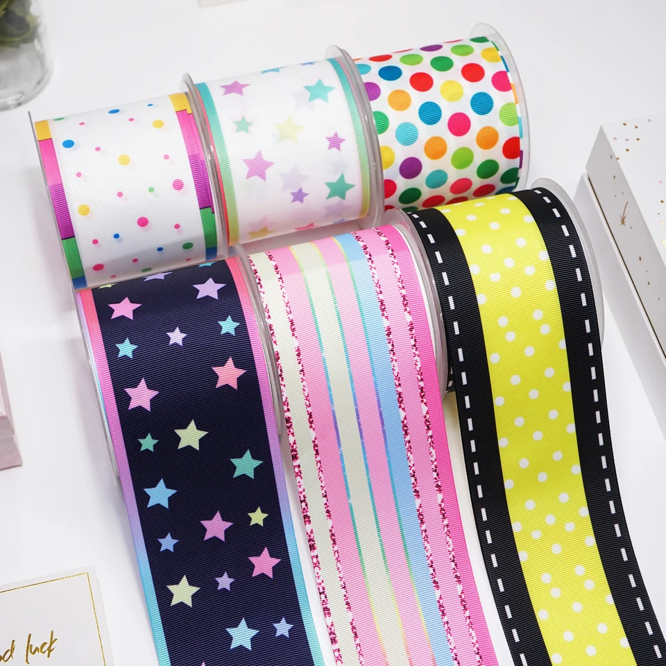 DIY karikatúry bodky a hviezdy Gradient Farba potlačená grosgrain stuha pre remeselné potreby šijacie príslušenstvo 5 metrov. 43564