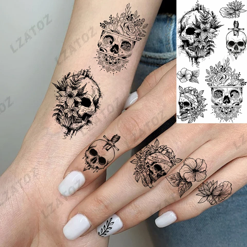 DIY Rose Flower Dočasné tetovanie pre ženy Muž Muž realistická lebka pivona Falošný Tatoos Finger Transfer Prenos malá nálepka tetovania