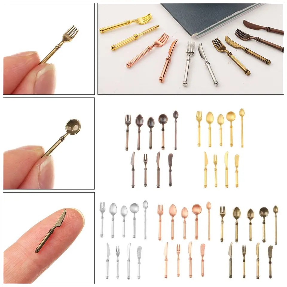 DIY Silver Dollouh Furniture 1: 6/1: 12 Scale Doll Adsessory Fork Knife Spoon Miniatúrny riad simulácia mini príborov
