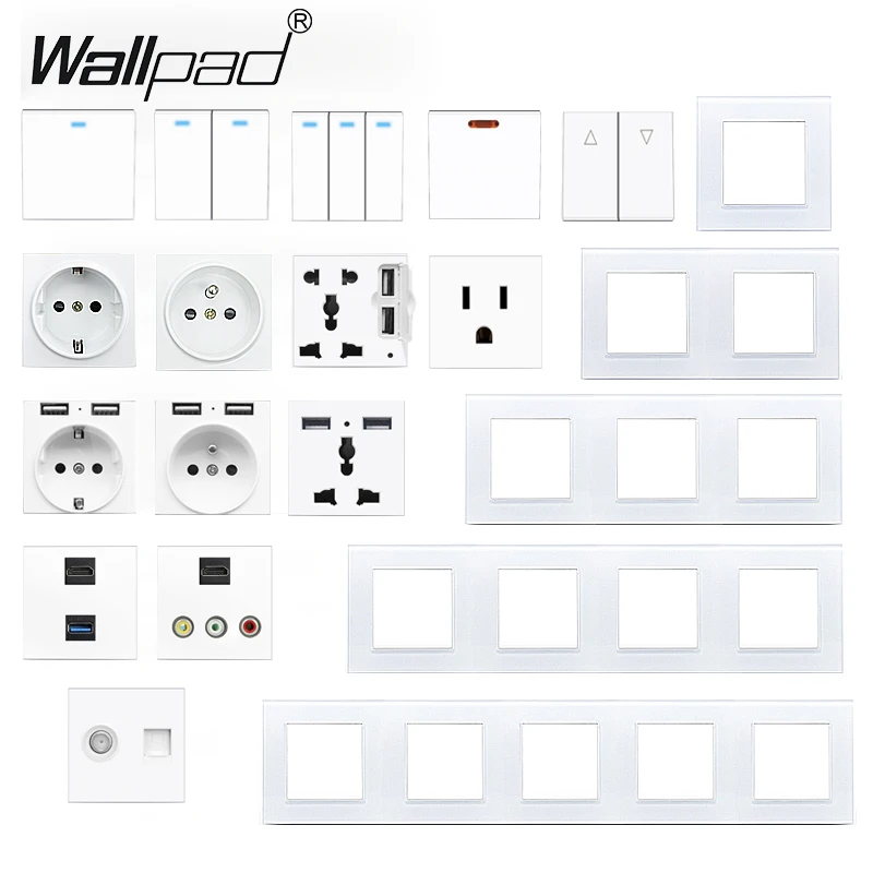 DIY sklenený rámec 45a 20a Wall Switch s LED 16A francúzsky britský zásuvka s USB HDMI Satellite TV Data Data Audio Footlight Socket Socket