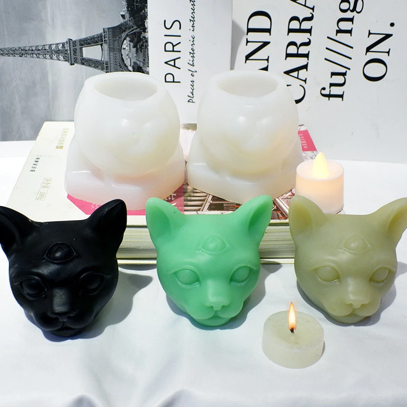 DIY tri oči Demon Cat Head Sviečka silikónová pleseň 3D Zlá mačka hlava omietka ozdobná dekorácia rekorácie Sadná surová silikónová forma
