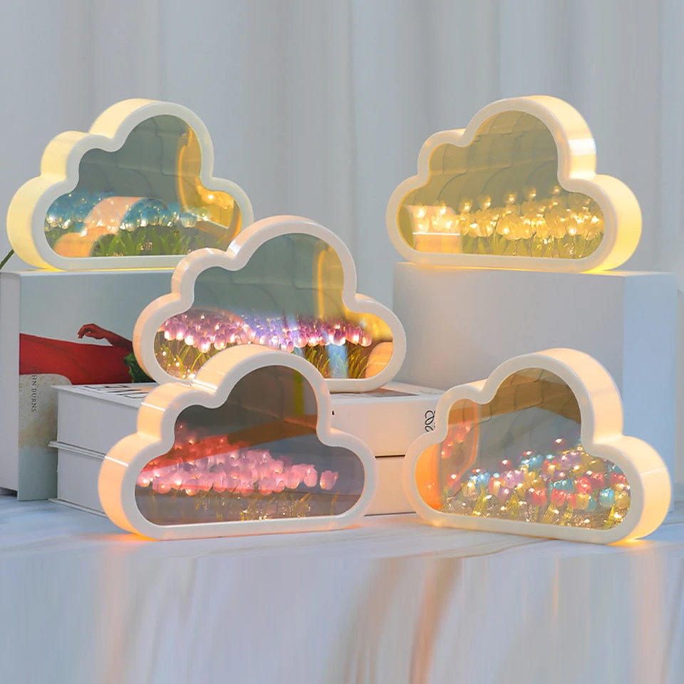 DIY Tulip Night Lights Cloud Tvar zrkadla simulácia kvetiny na spací stolík pre domácu spálňu dekorácie narodeninové darčeky