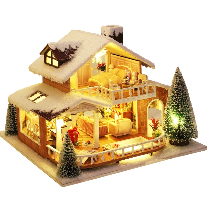 DIY Štedrý deň drevená bábika Miniatúra s nábytkom Svetlo Snehová chata Doll House Casa Hračky pre dievčatá vianočné darčeky