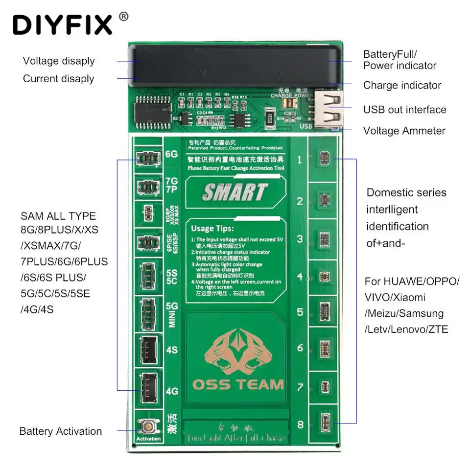 DIYFIX Universal Phone Battery Rýchle nabíjanie a aktivačná doska pre smartfón iPhone 4-XS Max Samsung Xiaomi Huawei China Smartphone