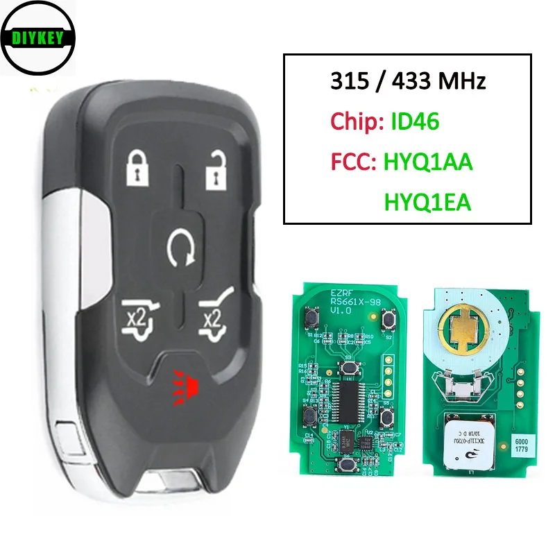 Diykey 315MHz 433MHz Hyq1aa Hyq1ea vzdialený kľúč FOB 6 Button ID46 Chip pre Chevrolet Tahoe Silverado GMC Yukon 2015 2016 2017-2020