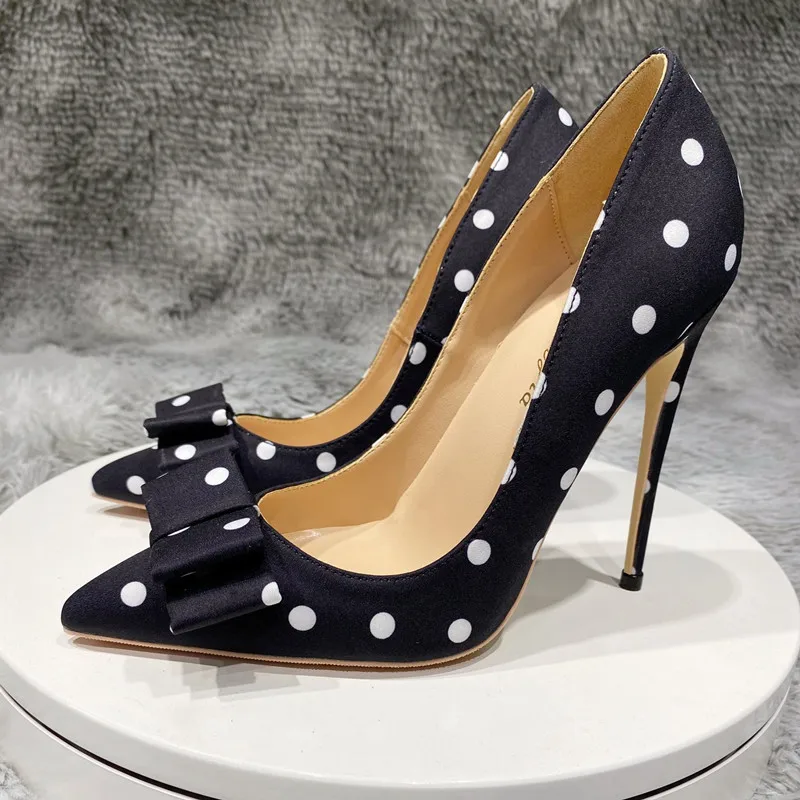 Dizajn Bowknot Black Pumps White Dot 12 cm tenké vysoké podpätky jarné leto Šmykľavka na špičku na plus 45 dáma 10 cm 8cm BM024 Roviciya