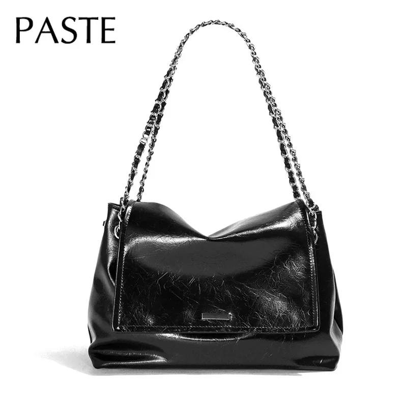 Dizajn nového ľahkého čistiaceho reťazca Kakhi čierna móda ženský vrecko na rameno lesklý olejový vosk Cowhide Split Leather Women Messenger Bag taška
