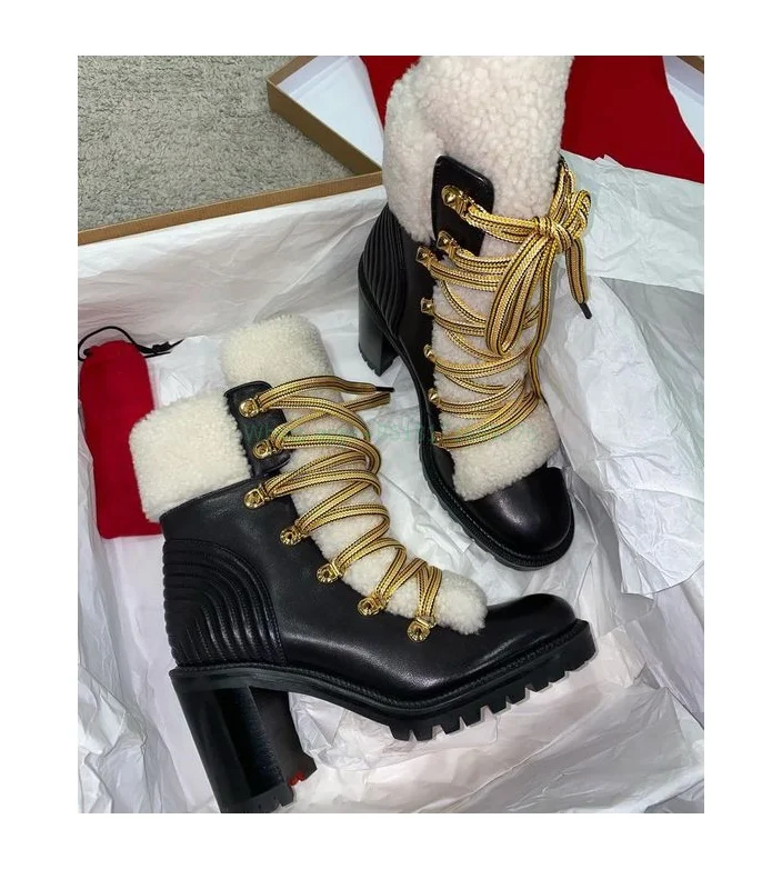 Dizajn šnurovanie robustné vysoké podpätky Fluffy členkové topánky Lady Round Toe Leather Warm Fur topánky módne show Dámske topánky 2024
