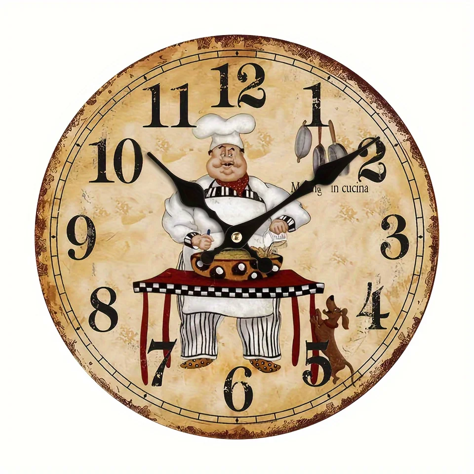 Dizajn šéfkuchára Vintage Wall Clock -Non Hoading Drevená vláknitá kuchynská doska s režimom napájania batérie pre domáci a kancelársky výzdoba