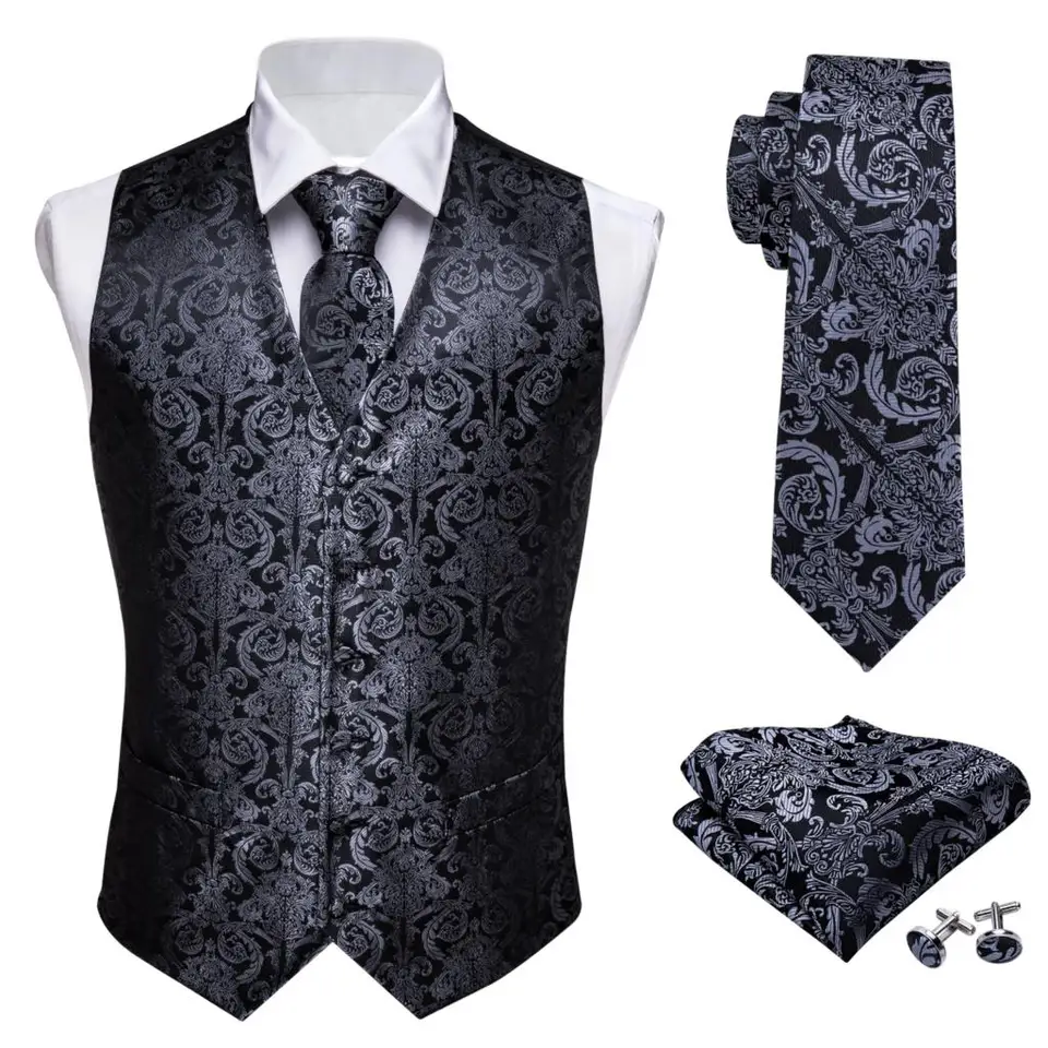 Dizajnér Mens Classic Black Paisley Jacquard Folral hodvábny vesta Vesty vreckovka kravata kravata vesta vrecká na štvorcový set barry.wang