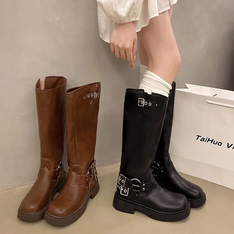 Dizajnér Nové jesenné zimné koleno vysoké topánky Dámske dámske pásy Buckle Knight Long Boots Dámske topánky pre motorky 35-40