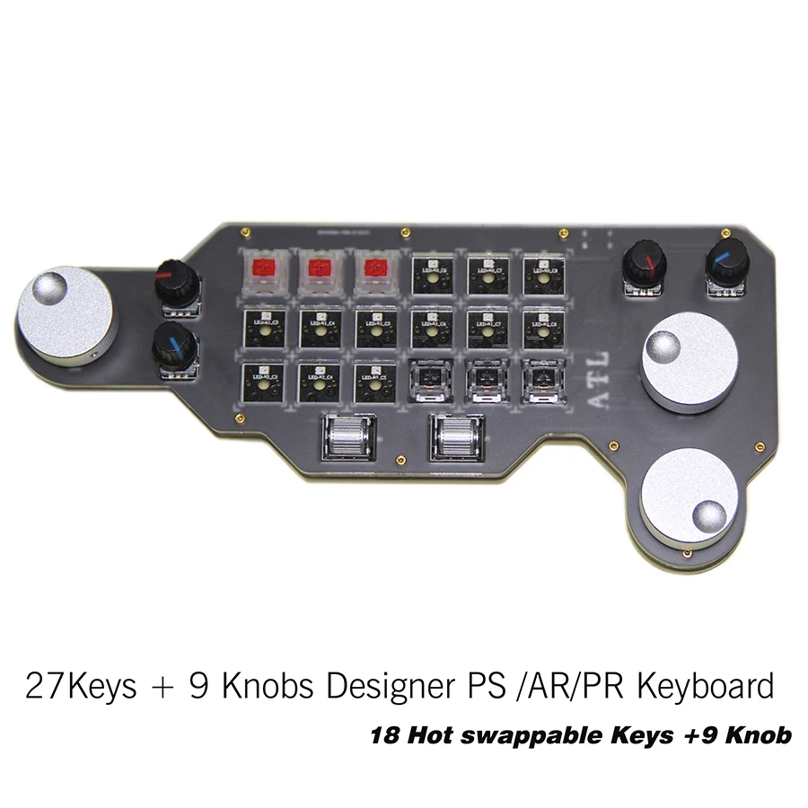 Dizajnér Photoshop cez klávesnicu Macropad WTIH Knob 9knob + 18 prepínačov Mechanická klávesnica makro funkcia Hra klávesnica No Caps