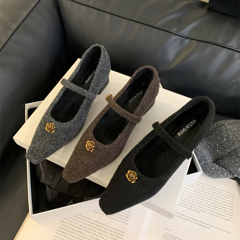 Dizajnér Vintage vlna Ženy Mary Jane Shoes Fashion Fleece 2025 Spring Party Dress Husté päty topánky
