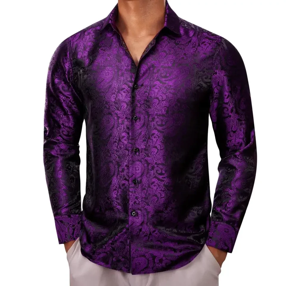 Dizajnérske košele pre mužov hodváb s dlhým rukávom zlatý čierny kvet Slim Fit Mužské blúzky Príležitostné formálne vrcholy priedušné Barry Wang