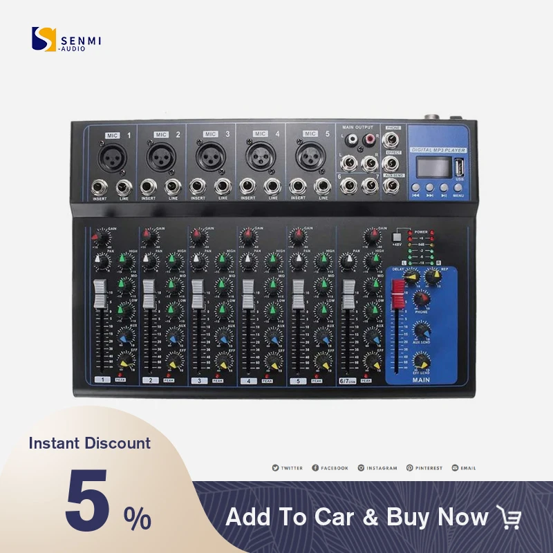 DJ Audio Mixer 7 Channel Vysoká kvalita s USB diskom v put 48V Phantom Power for Stage Karaoke