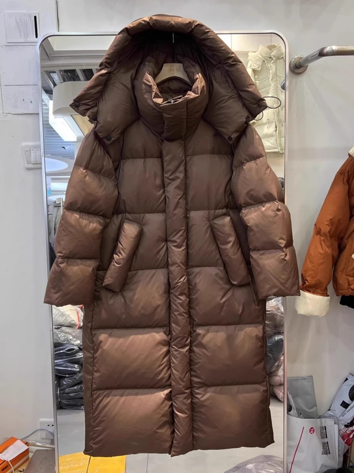 Dlhá hrubá bunda zimná korean kórejská elegantná kapucňa nad kolenom voľný teplý chlieb módne módne biely kazový kabát ženy