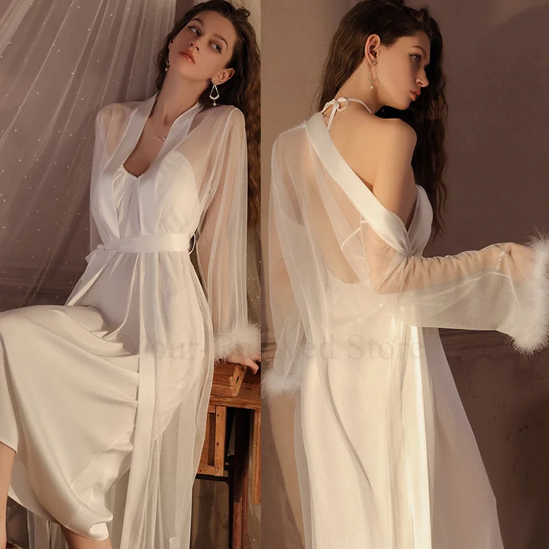 Dlhá nočná a rúžka sada Lady Sexy sieťové rukávy Kimono Robes White Bride Svadobné ranné šaty luxusné perie Intímne spodná bielizeň