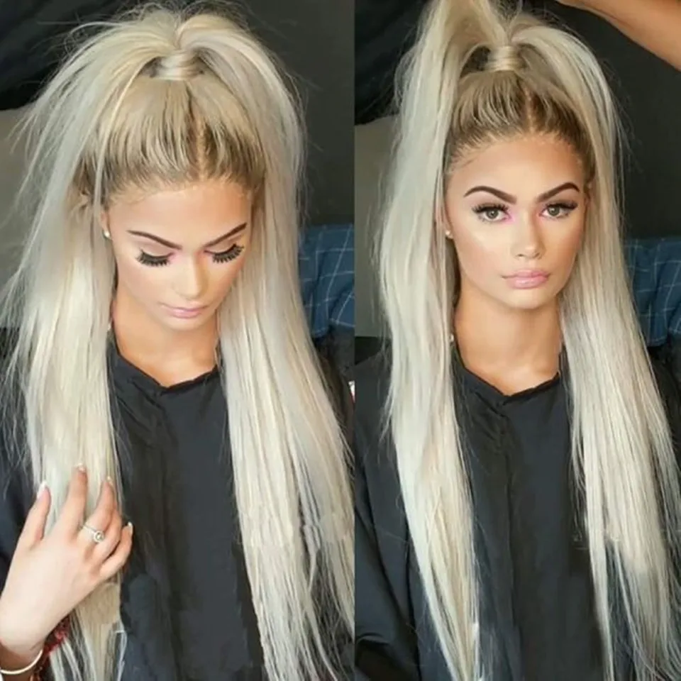 Dlhá priama čipka predná parochňa Platina platina Blonde Syntetická čipka predná parochňa pre ženy rovná predkrytá parochňa bez glubre