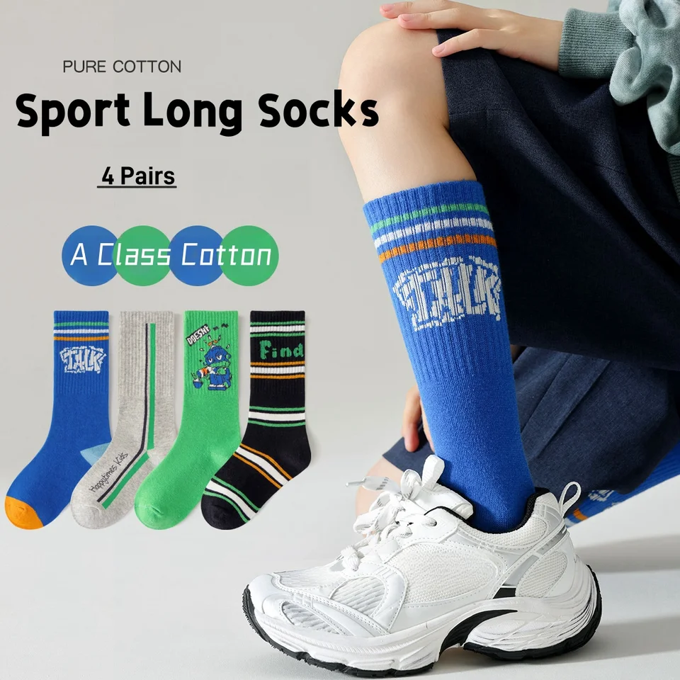 Dlhé ponožky 4 páry Detské ponožky chlapci dievčatá Spring bavlnené koleno ponožky Trendy vzor pre deti športové ponožky