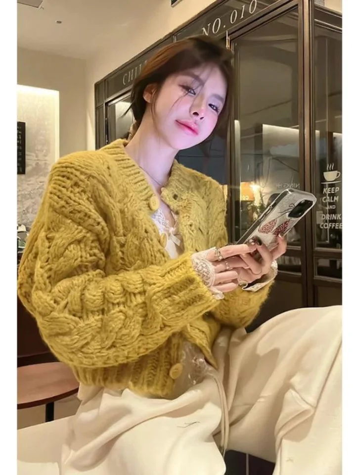 Dlhé rukávy Top pletené roztomilé svetre Ženy Elegantné kardidgans gombíky hore kábel Knit kawaii pletené prepravné prepravné štýl žlté žlté