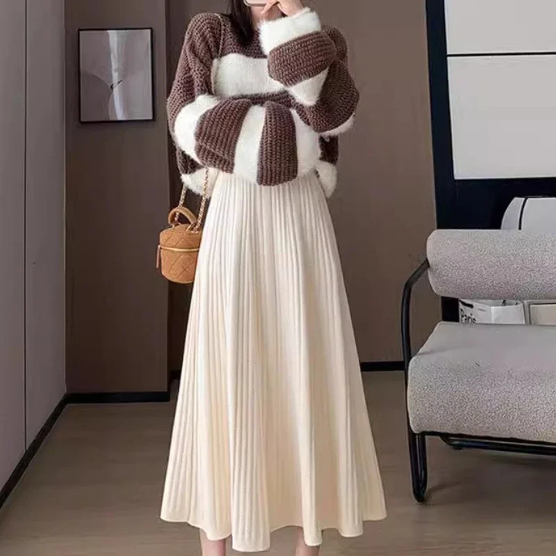 Dlhé sukne pletené skladané sukne Ženy Vysoký pás Sbydý neformálny streetwear Elegantné elegantné sukne Y2K Autumn Winter Streetwear 2024