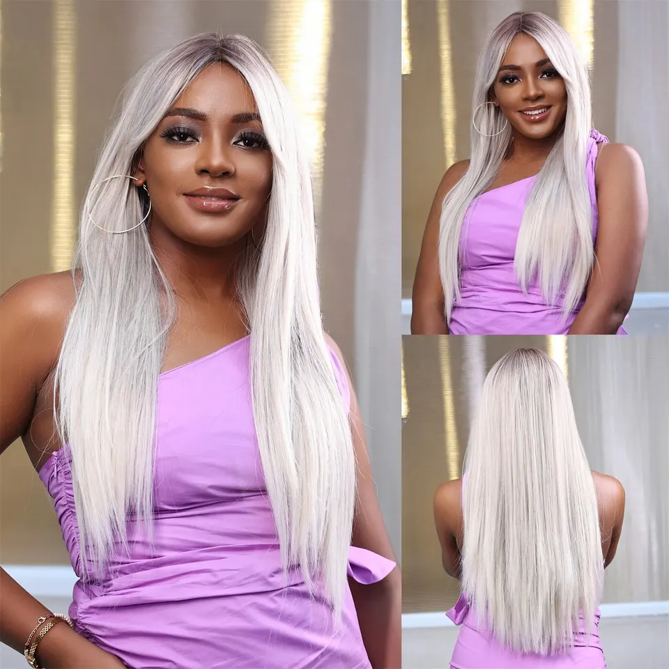 Dlhé syntetické parochne s bočnými treskami ombre tmavý koreň do striebornej šedej farby Vlasy Parochňa pre dámy a dievčatá Cosplay Daily Party Používanie
